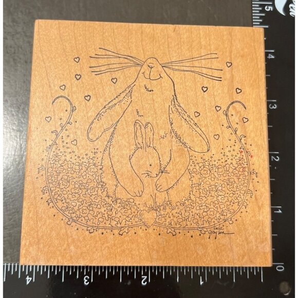 Wood-Mounted Rubber Stamp Bunny & Baby Rabbit Design Easter Linda Gray Son - Picture 1 of 5